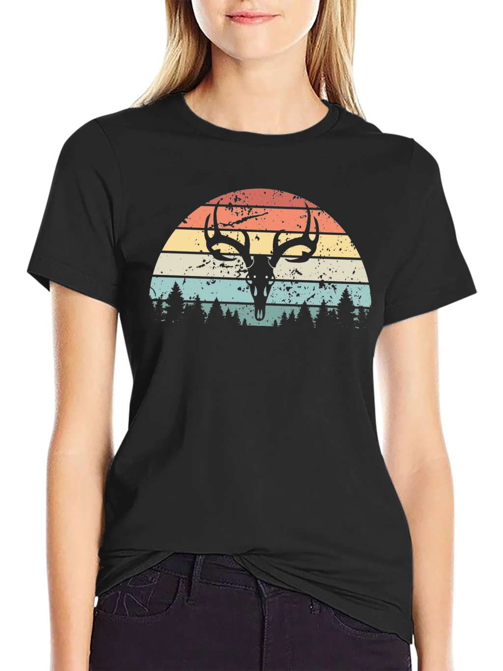 Retro Deer Skull Sunset Graphic Tee product image 1