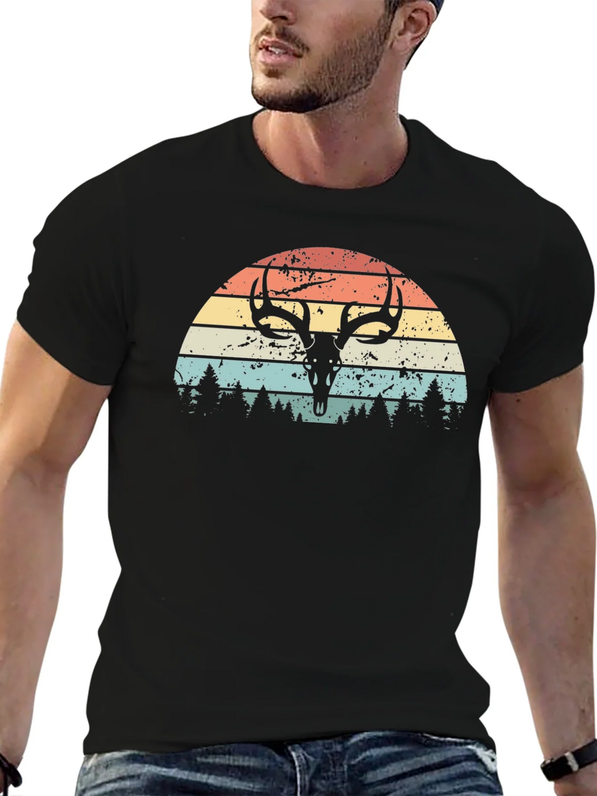 Retro Deer Skull Sunset Graphic Tee product image 3