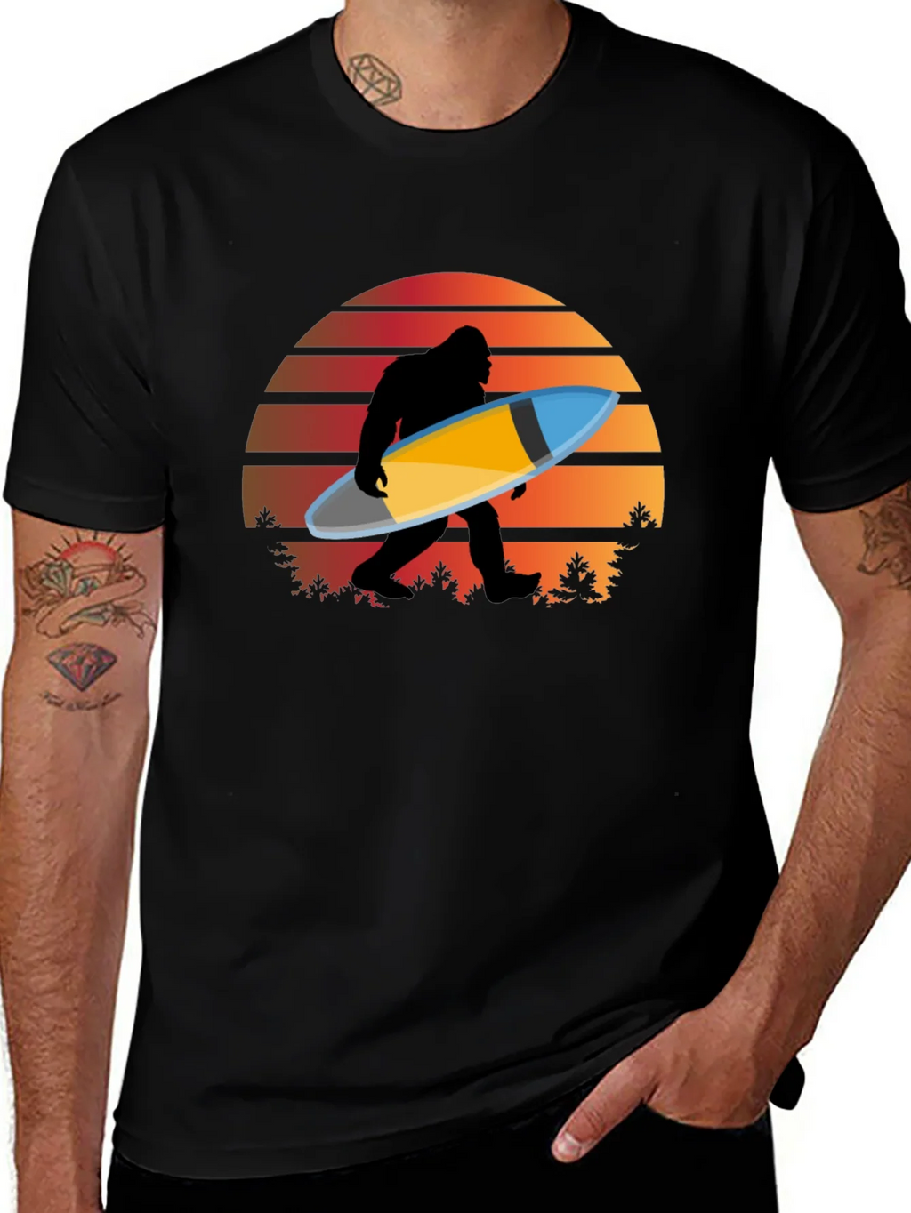 Sasquatch Surfer T-Shirt - Retro Sunset Bigfoot Tee product image 1