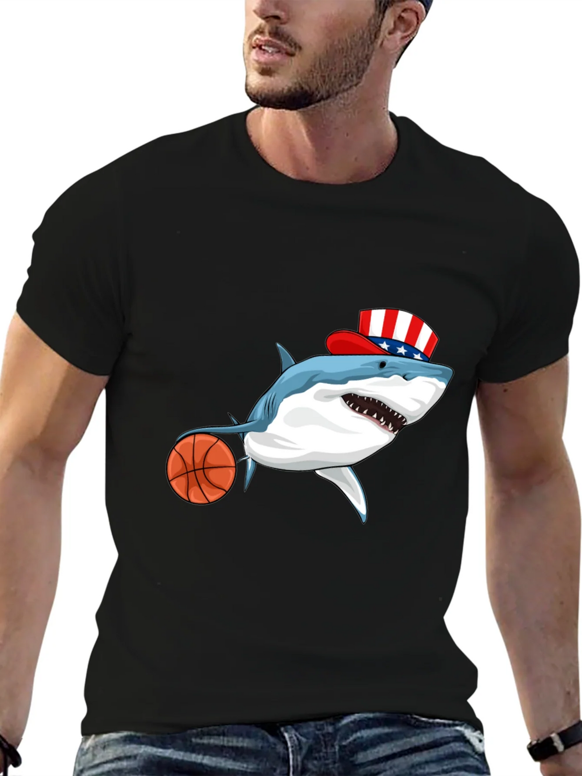 Shark Basketball Patriotic T-Shirt product image 5