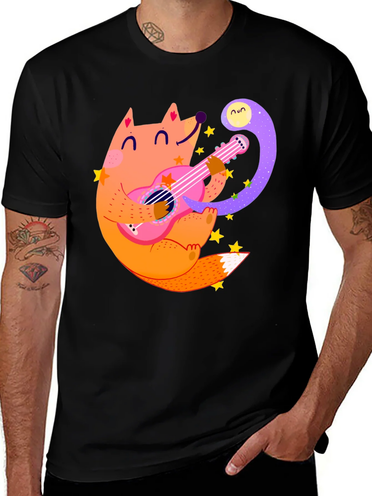 Fox Guitarist Graphic Tee - Black Cotton T-Shirt product image 1