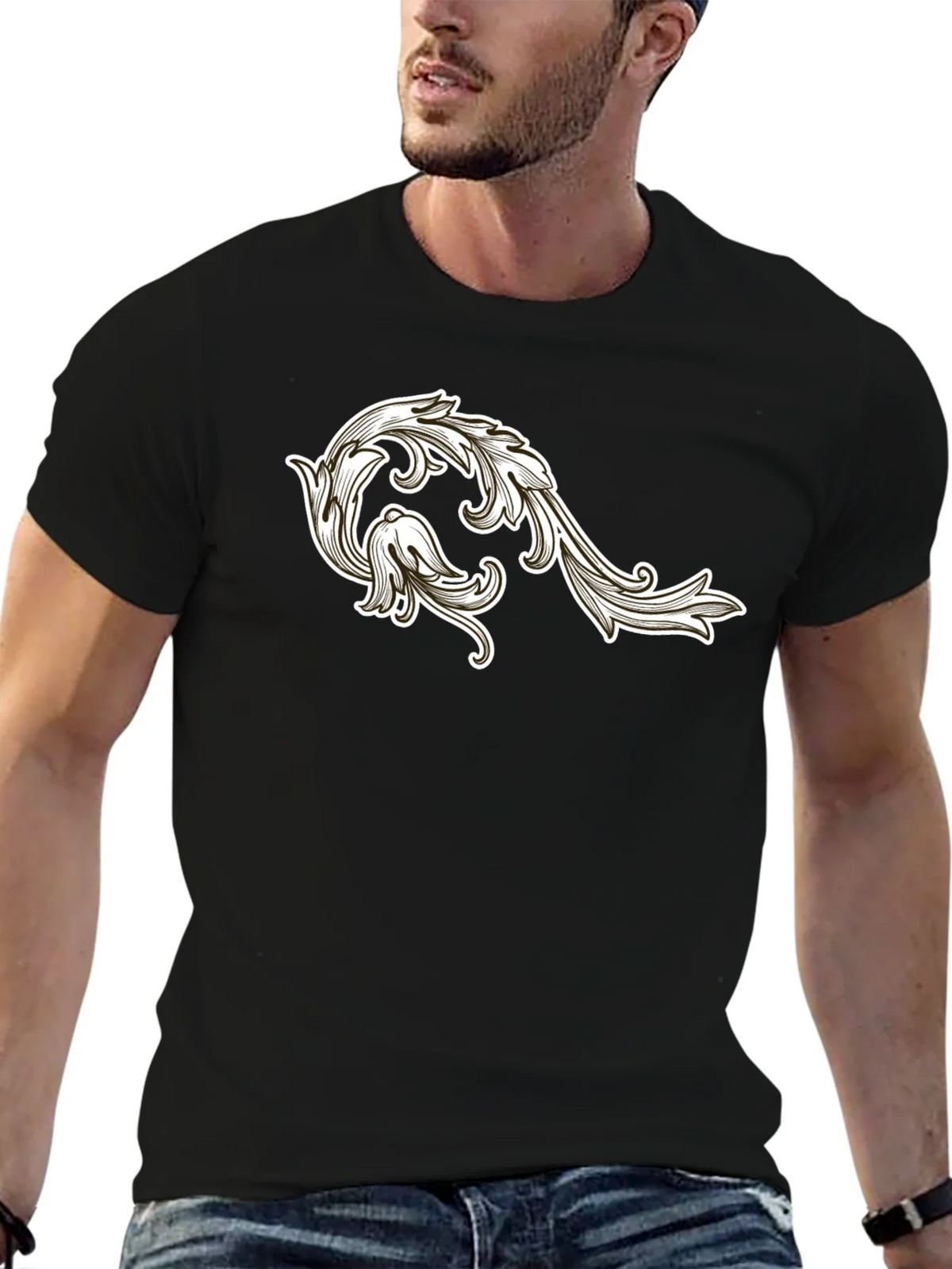 Mens Black T-Shirt with Floral Ornament Design product image 5