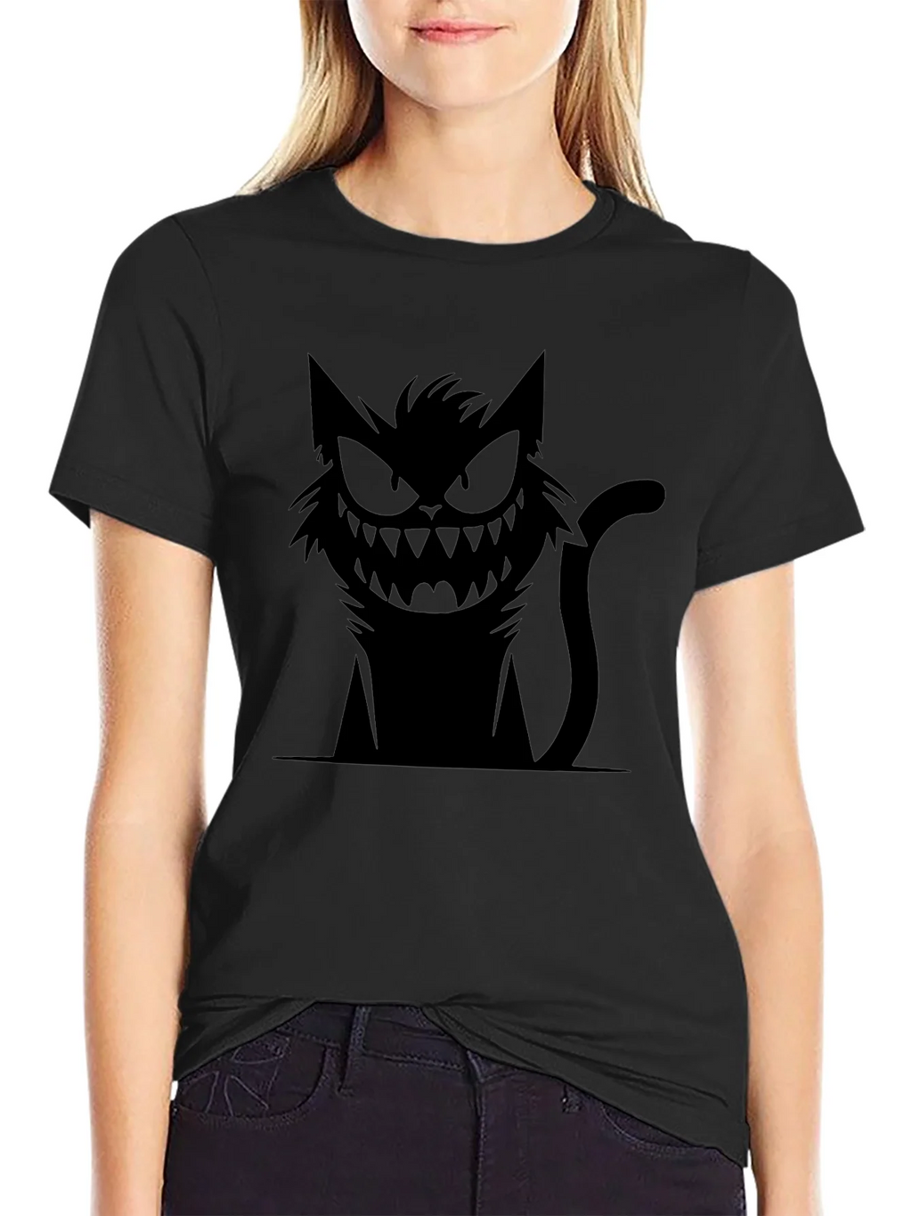 Mens Black T-Shirt with Spooky Cat Graphic product image 2