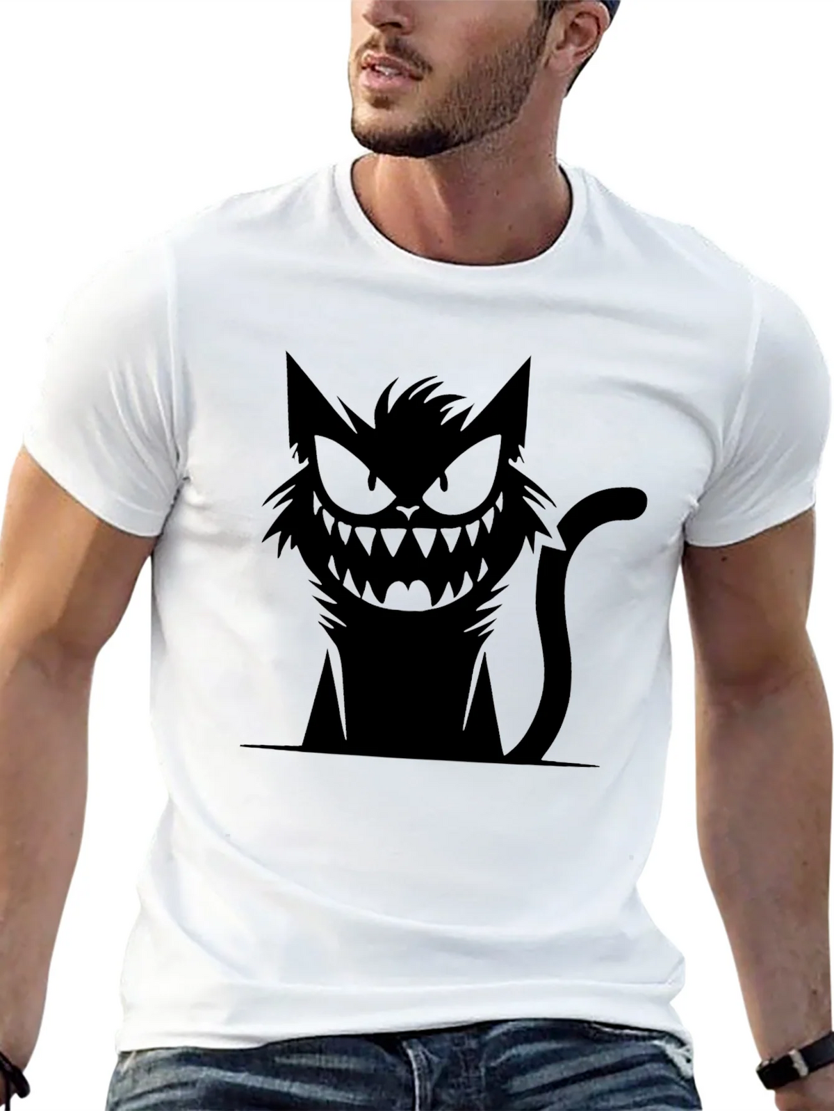 Mens Black T-Shirt with Spooky Cat Graphic product image 12
