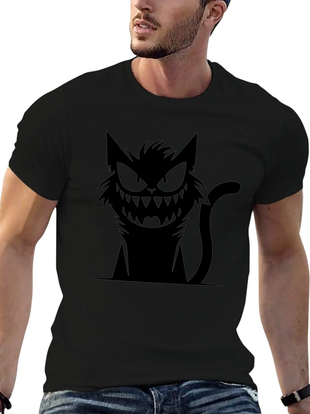Mens Black T-Shirt with Spooky Cat Graphic product image 6