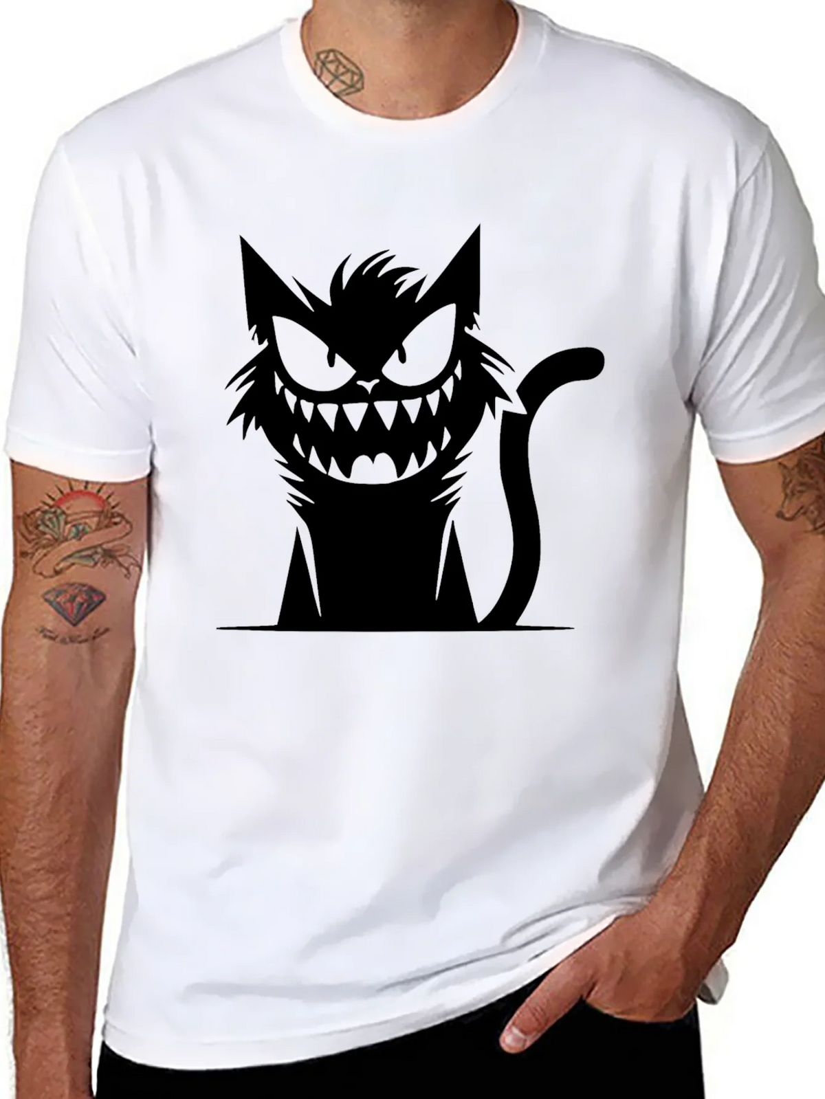 Mens Black T-Shirt with Spooky Cat Graphic product image 7