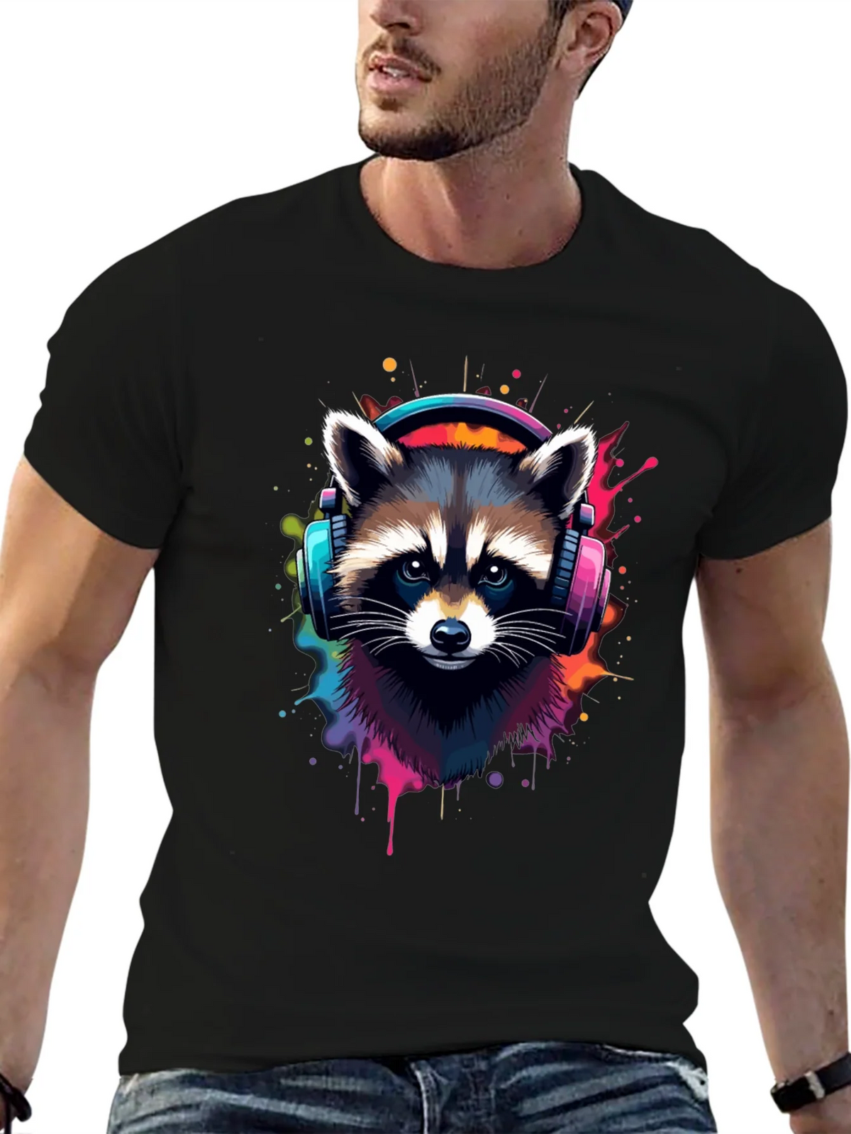 Cool Raccoon Headphone Black Tee product image 6