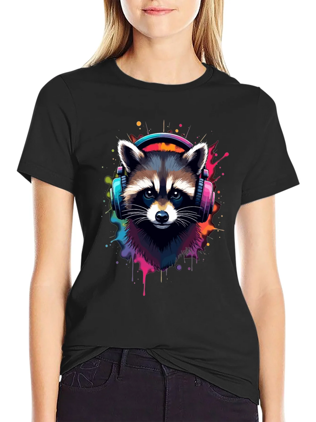 Cool Raccoon Headphone Black Tee product image 2