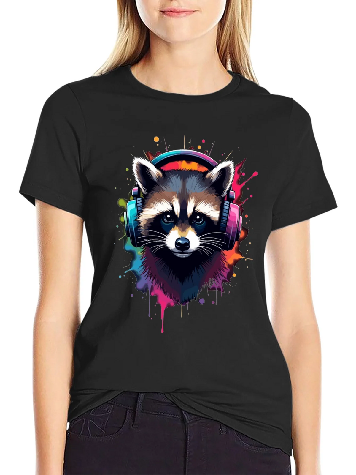 Cool Raccoon Headphone Black Tee product image 2
