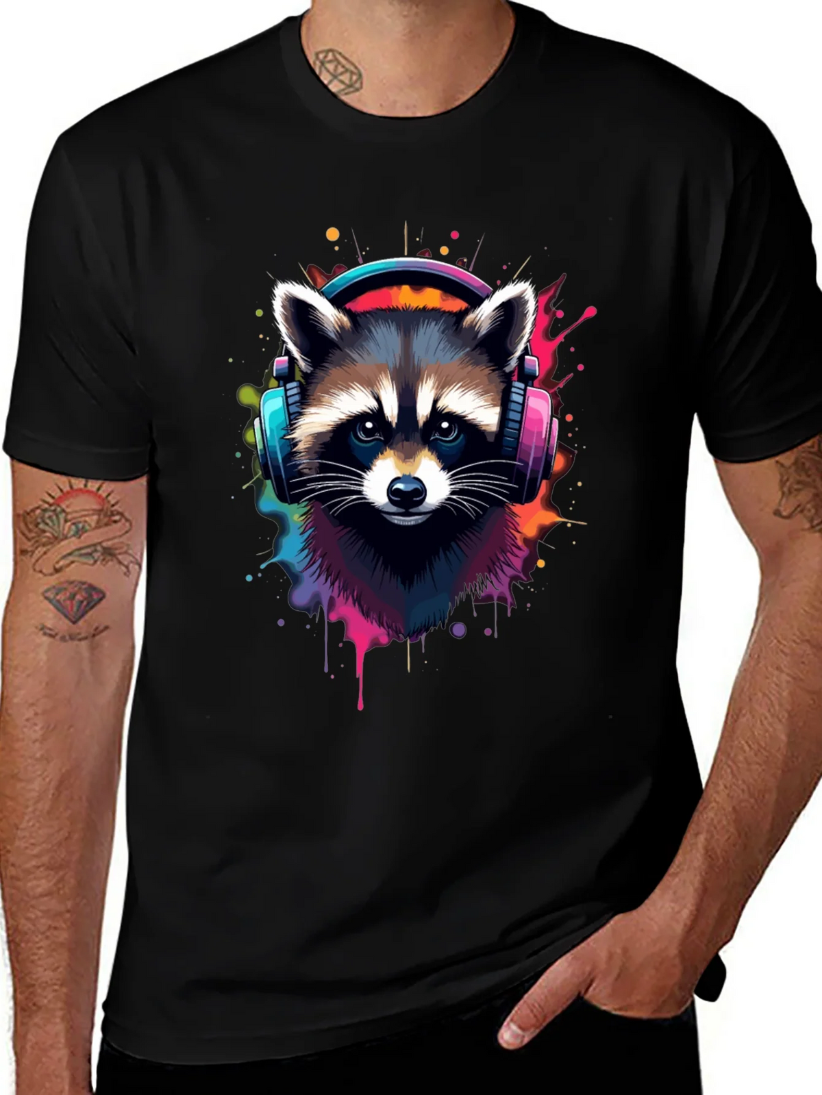 Cool Raccoon Headphone Black Tee product image 1