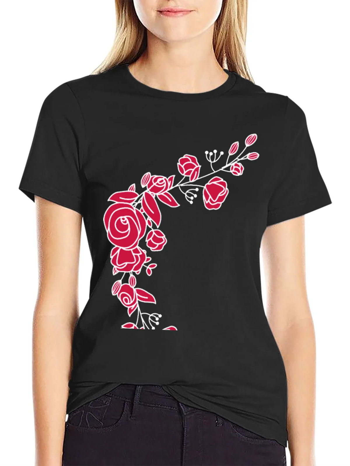Elegant Floral Rose Graphic Tee - Black Cotton Blend product image 2
