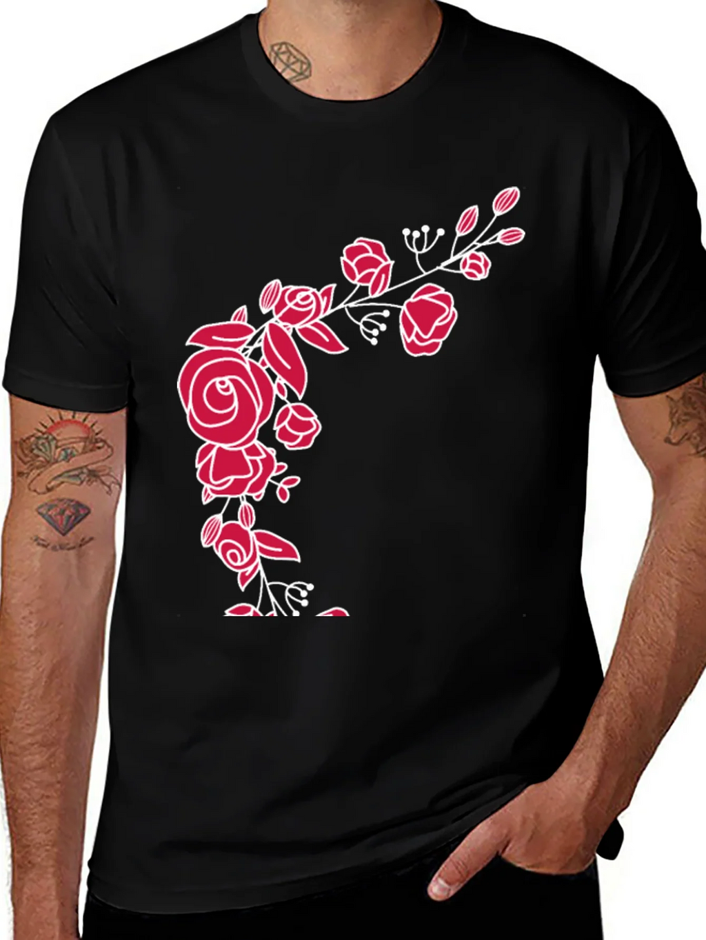 Elegant Floral Rose Graphic Tee - Black Cotton Blend product image 1