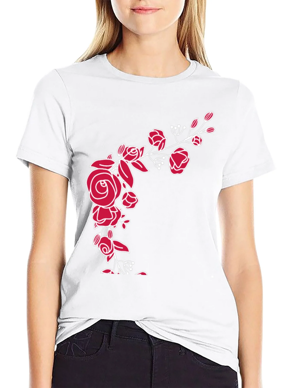 Elegant Floral Rose Graphic Tee - Black Cotton Blend product image 8