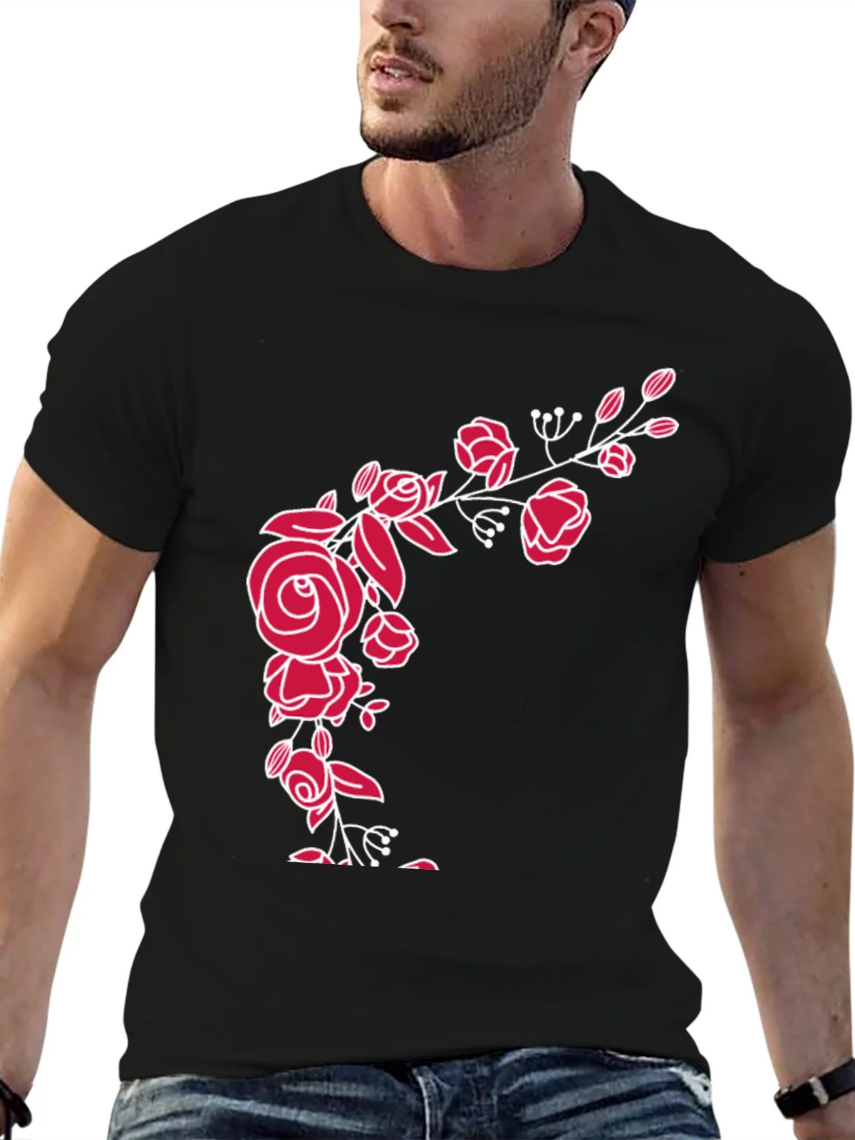 Elegant Floral Rose Graphic Tee - Black Cotton Blend product image 6