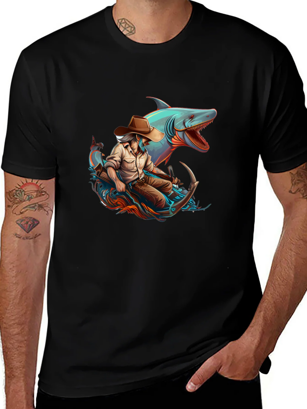 Shark Cowboy Graphic T-Shirt - Black product image 1