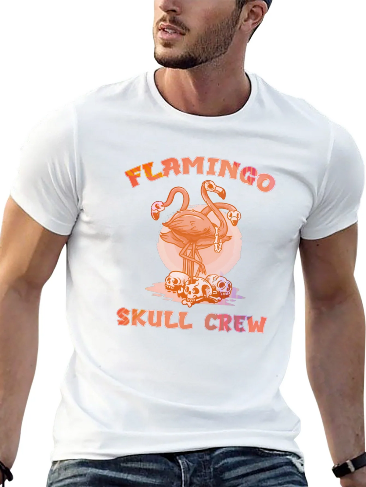 Flamingo Skull Crew T-Shirt - Unique Graphic Tee product image 12