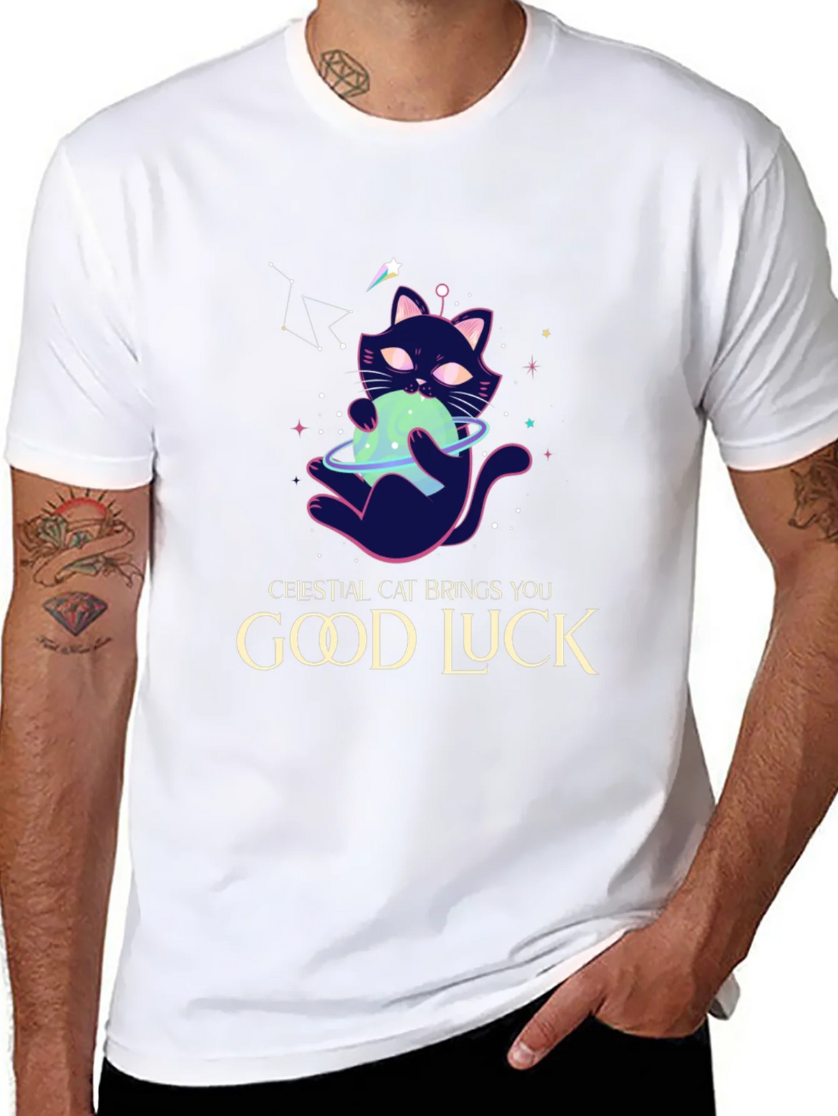 Celestial Cat Good Luck Graphic Tee - Black product image 5