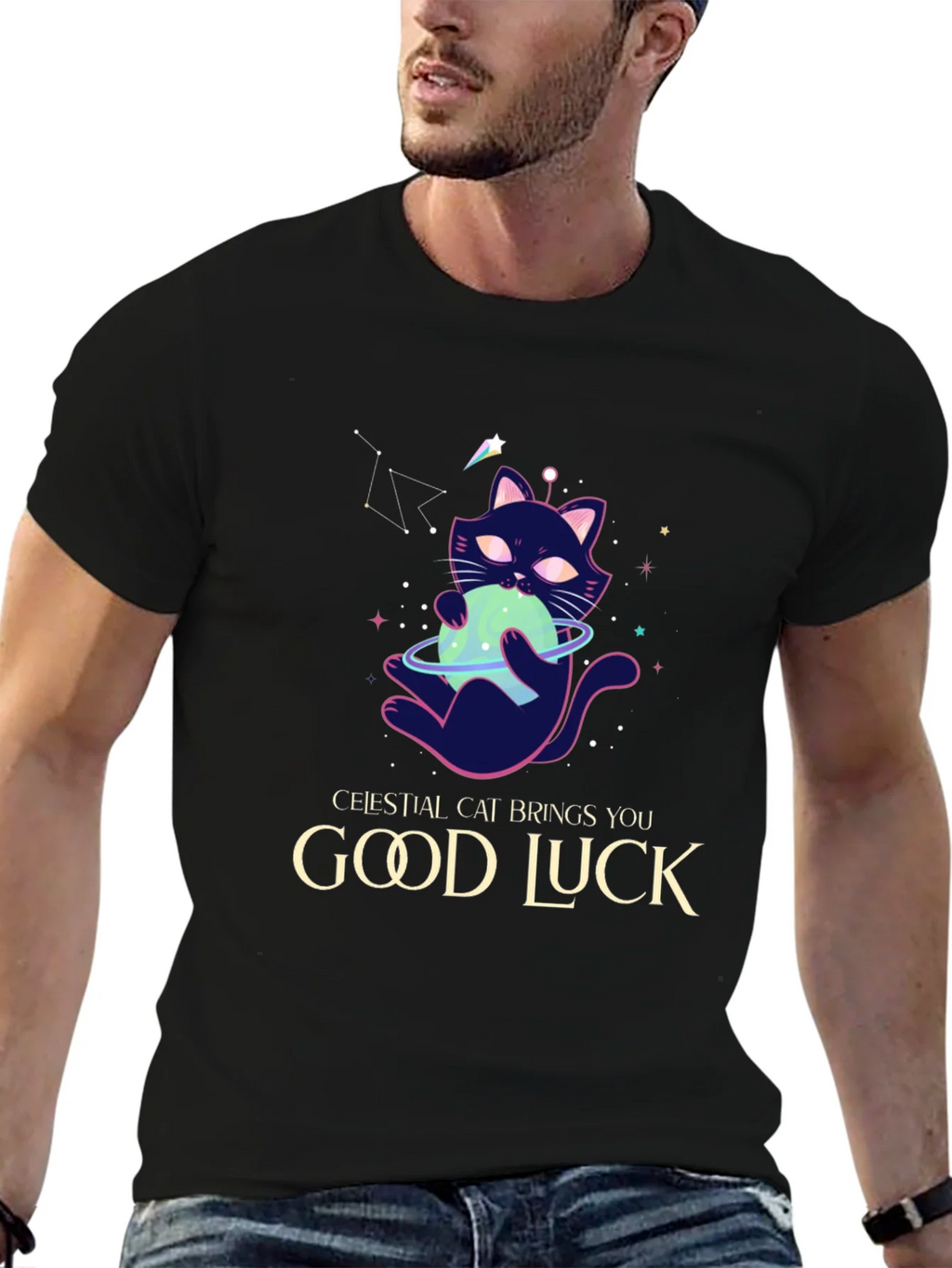 Celestial Cat Good Luck Graphic Tee - Black product image 4