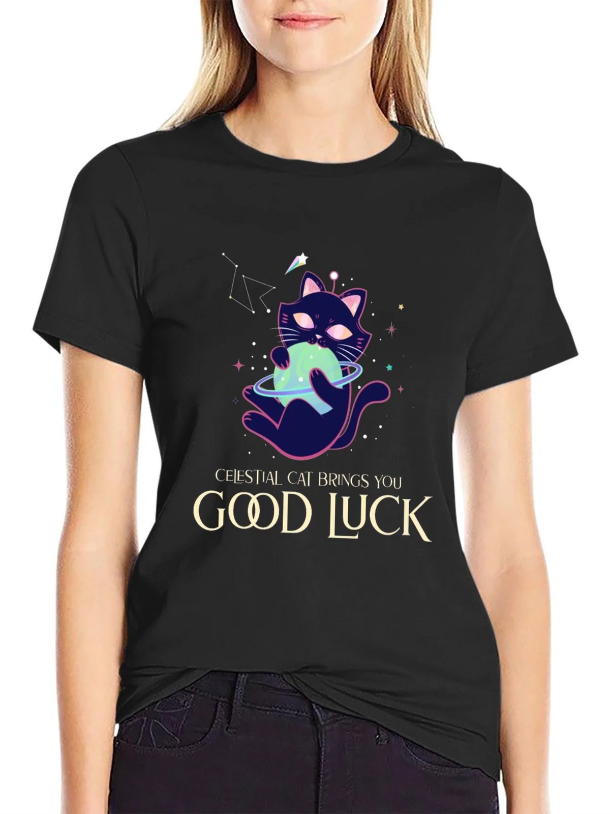 Celestial Cat Good Luck Graphic Tee - Black product image 1