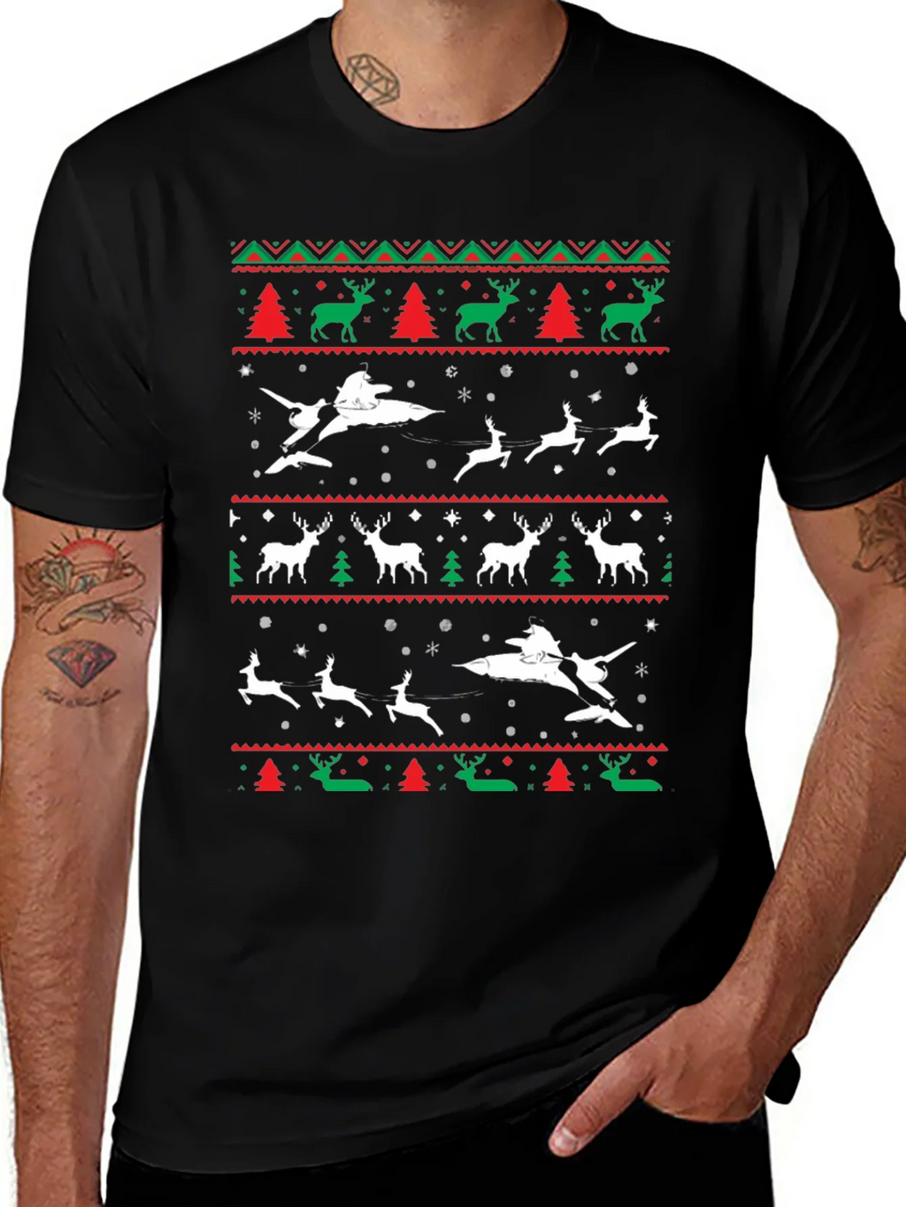 Festive Christmas Airplane & Reindeer Novelty T-Shirt product image 1