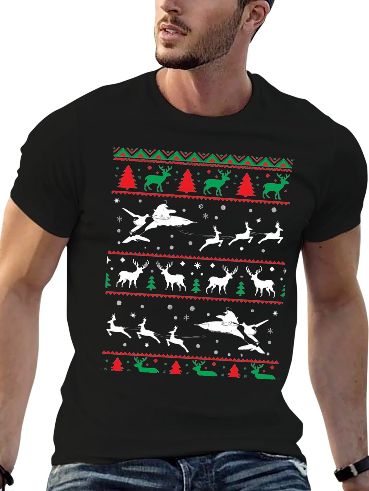 Festive Christmas Airplane & Reindeer Novelty T-Shirt product image 6