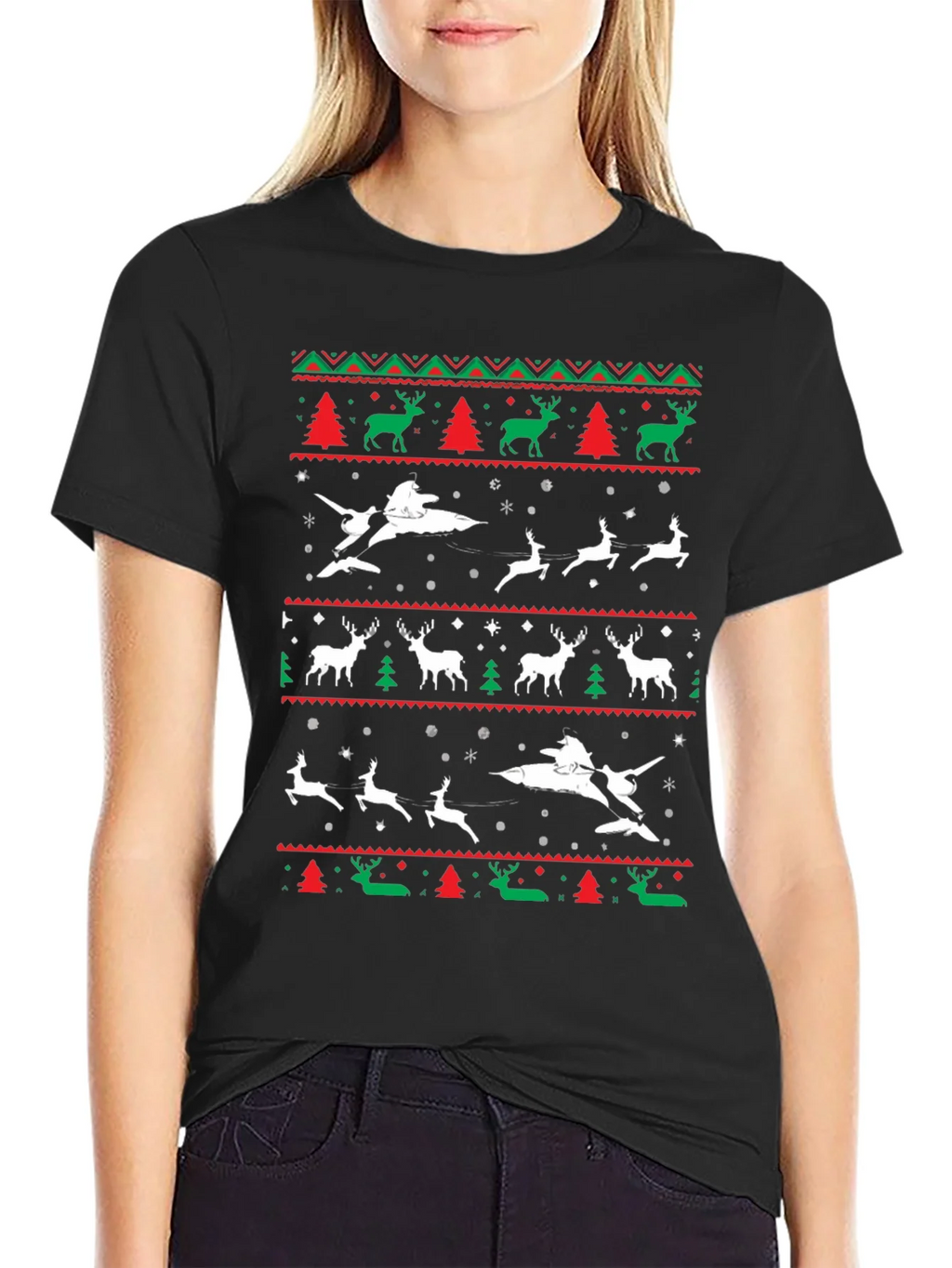 Festive Christmas Airplane & Reindeer Novelty T-Shirt product image 2