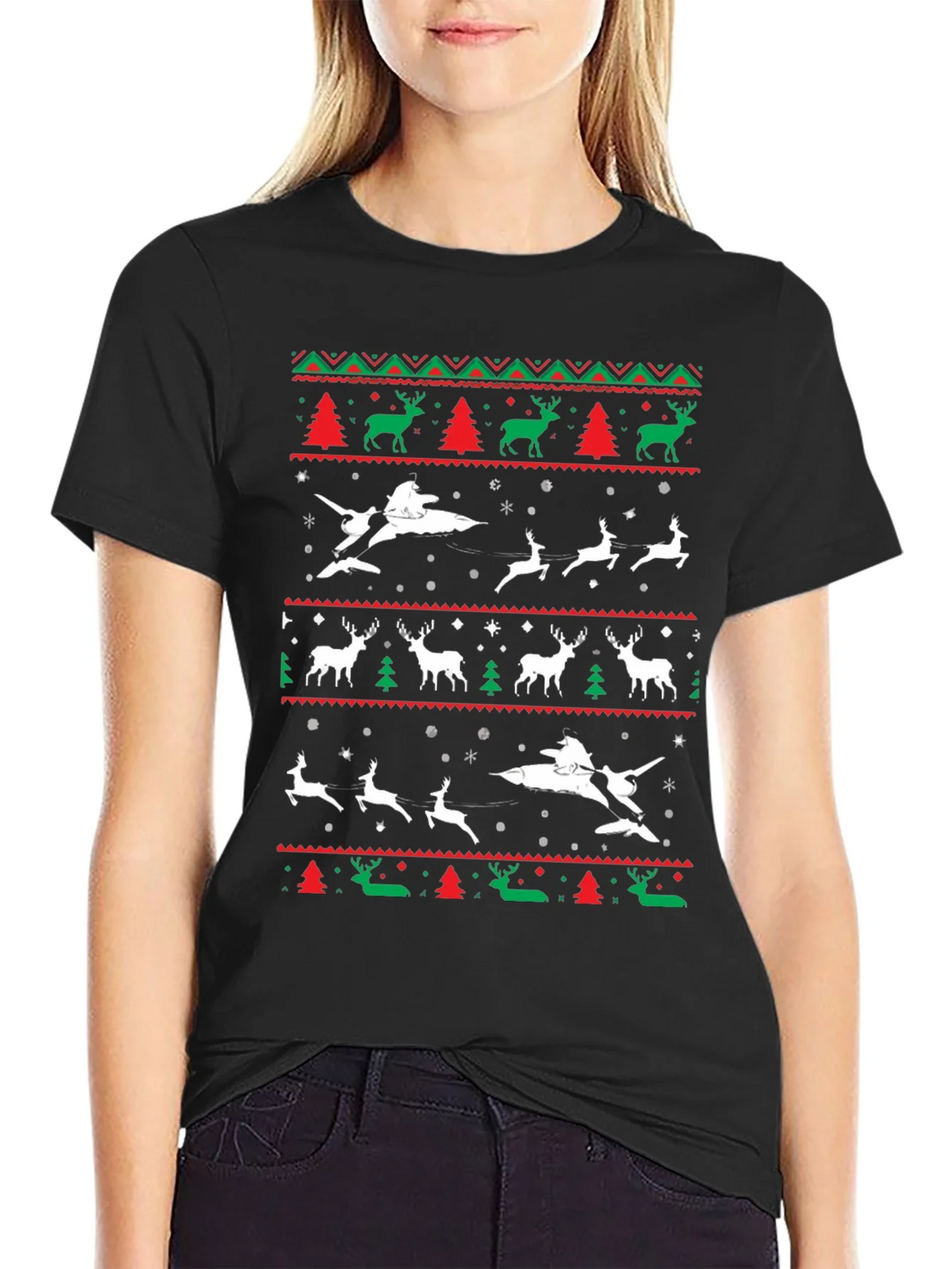 Festive Christmas Airplane & Reindeer Novelty T-Shirt product image 2