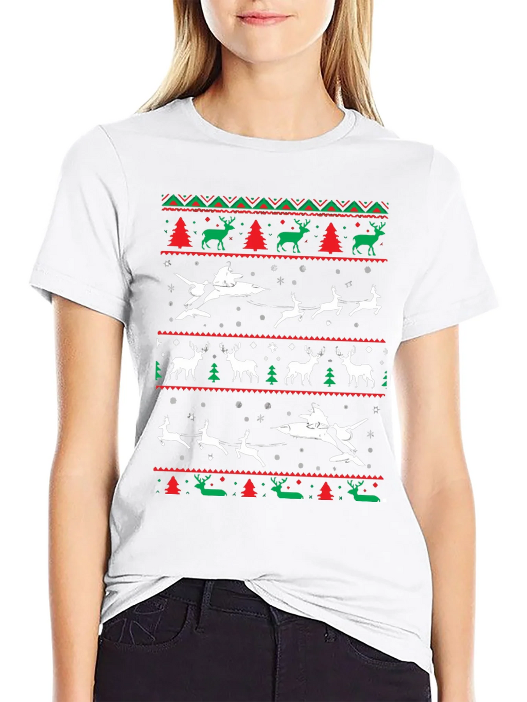 Festive Christmas Airplane & Reindeer Novelty T-Shirt product image 8