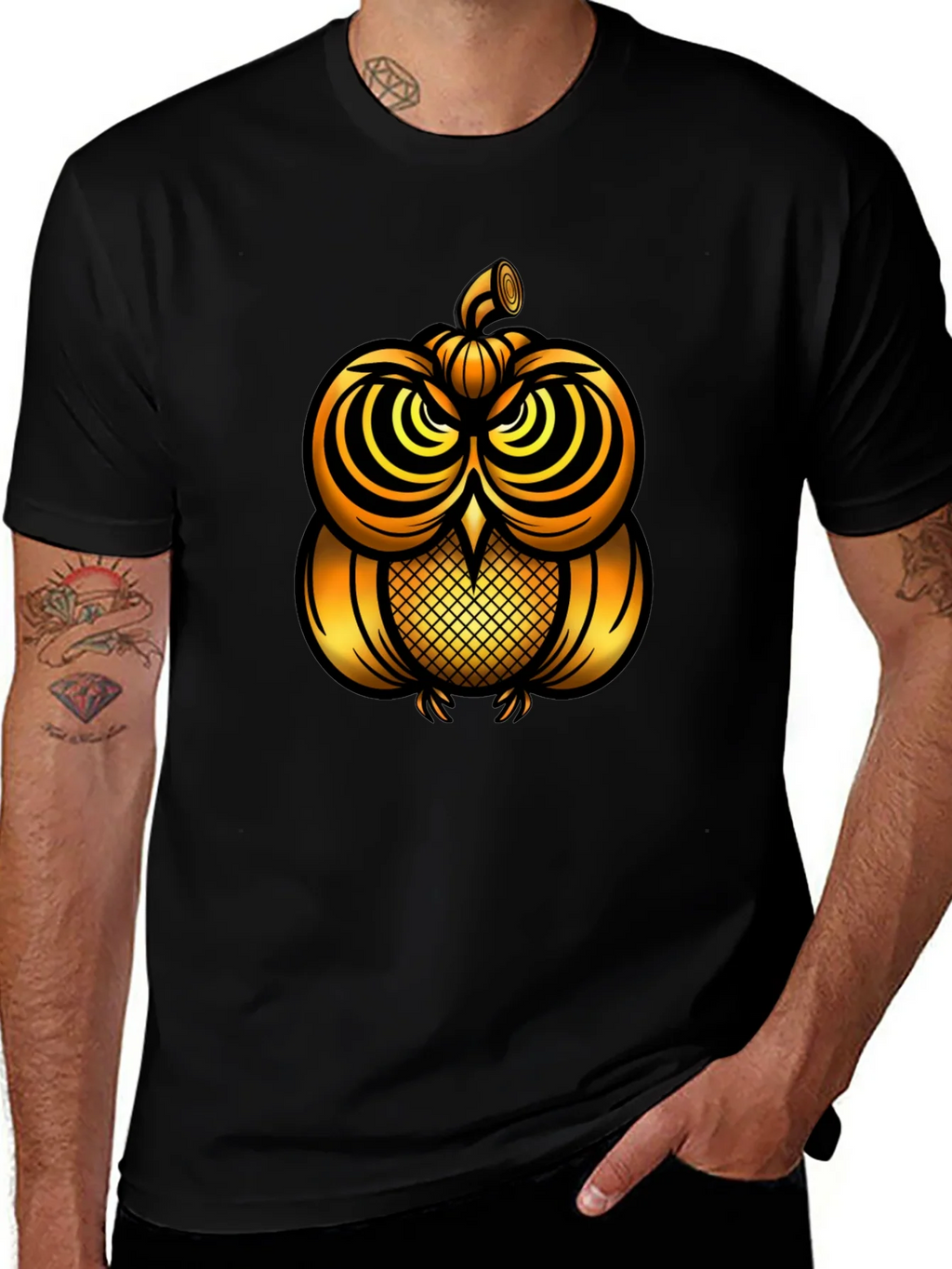 Golden Pumpkin Owl Graphic Tee - Unique Halloween Style product image 1