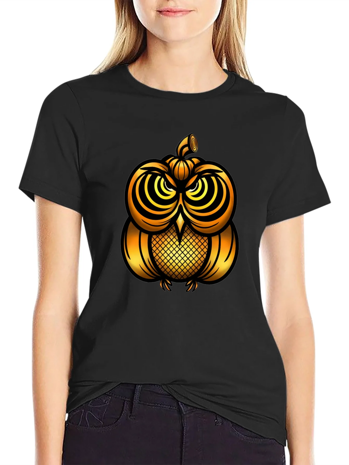 Golden Pumpkin Owl Graphic Tee - Unique Halloween Style product image 2