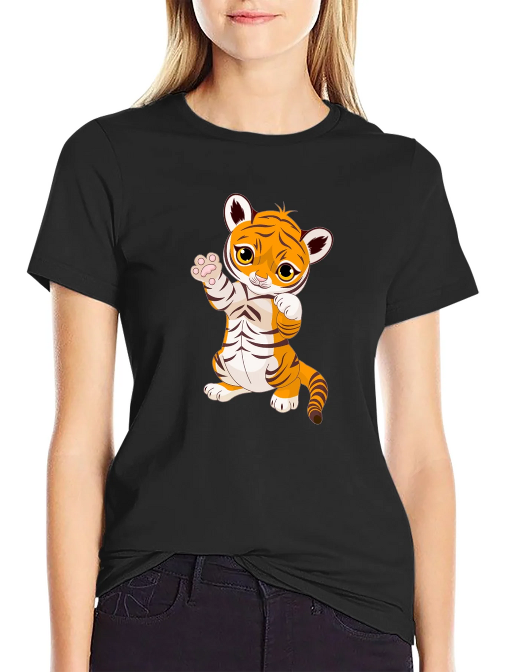 Cute Cartoon Tiger Black T-Shirt product image 1