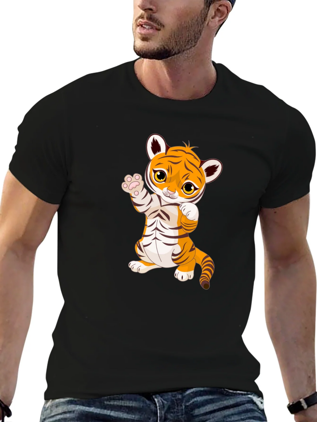 Cute Cartoon Tiger Black T-Shirt product image 5
