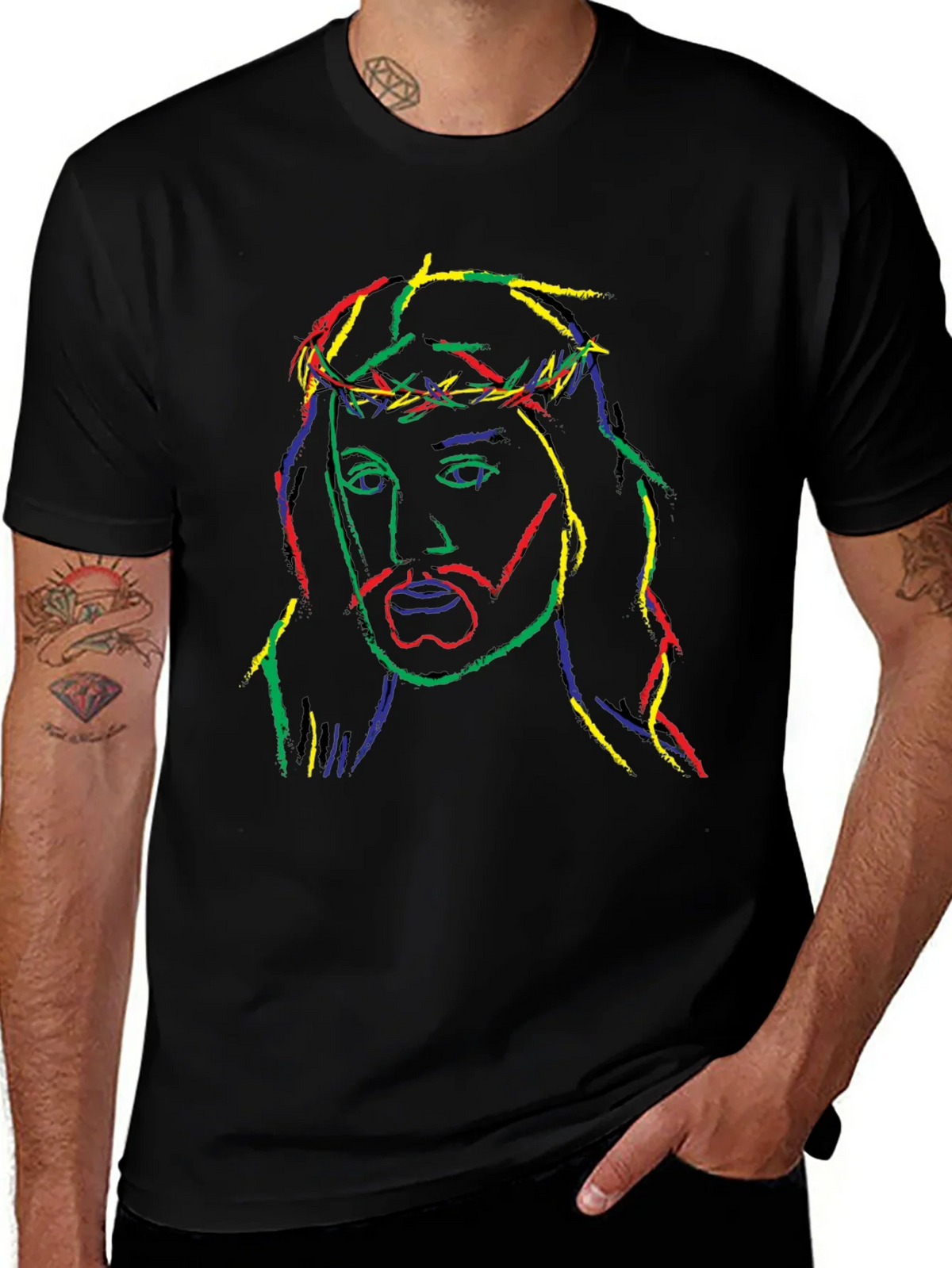 Neon Jesus Graphic Tee - Black Cotton Blend T-Shirt product image 1