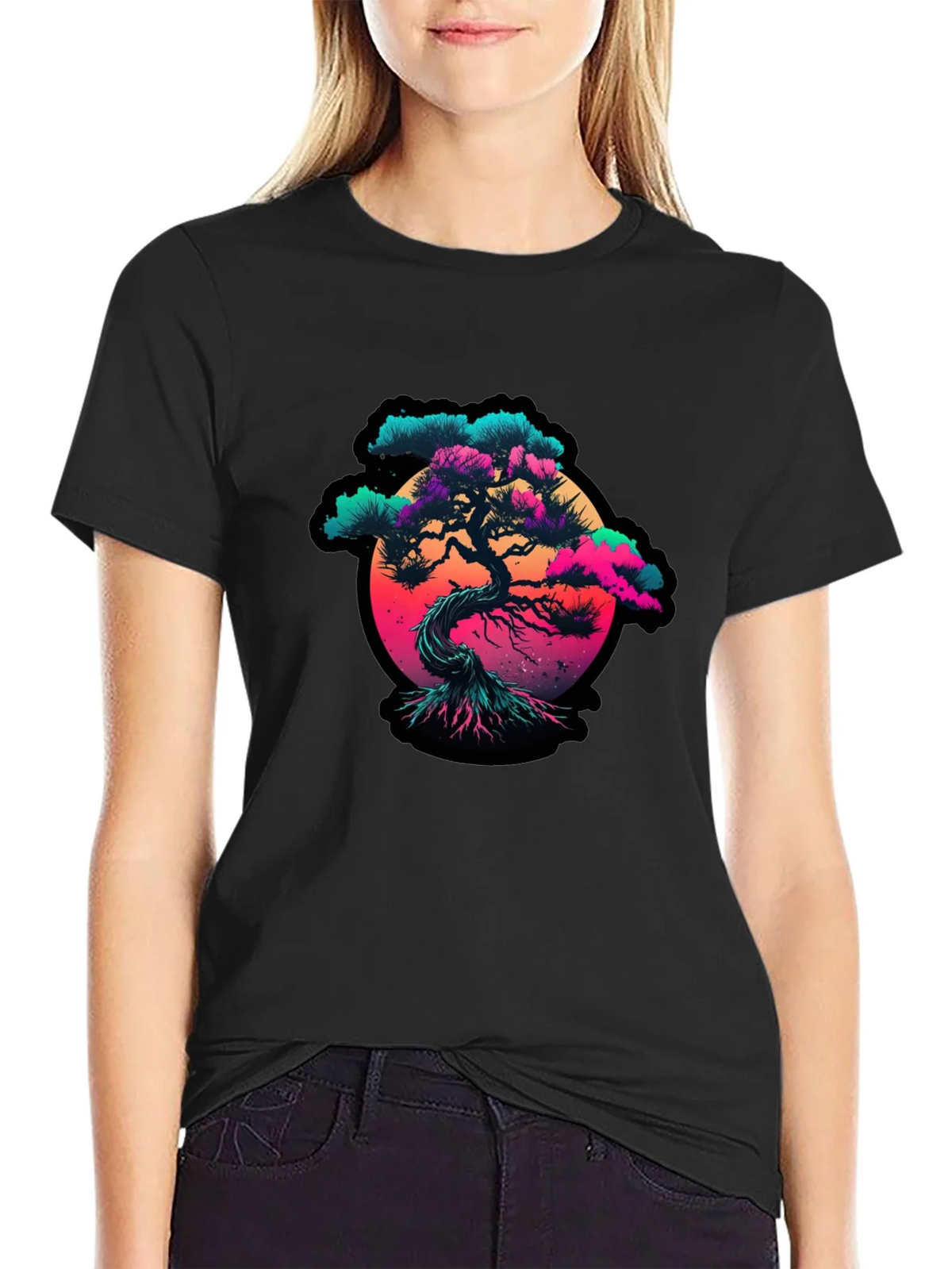 Vaporwave Bonsai Tree Graphic Black T-Shirt product image 1