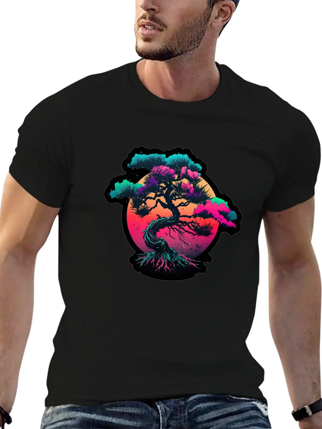 Vaporwave Bonsai Tree Graphic Black T-Shirt product image 5