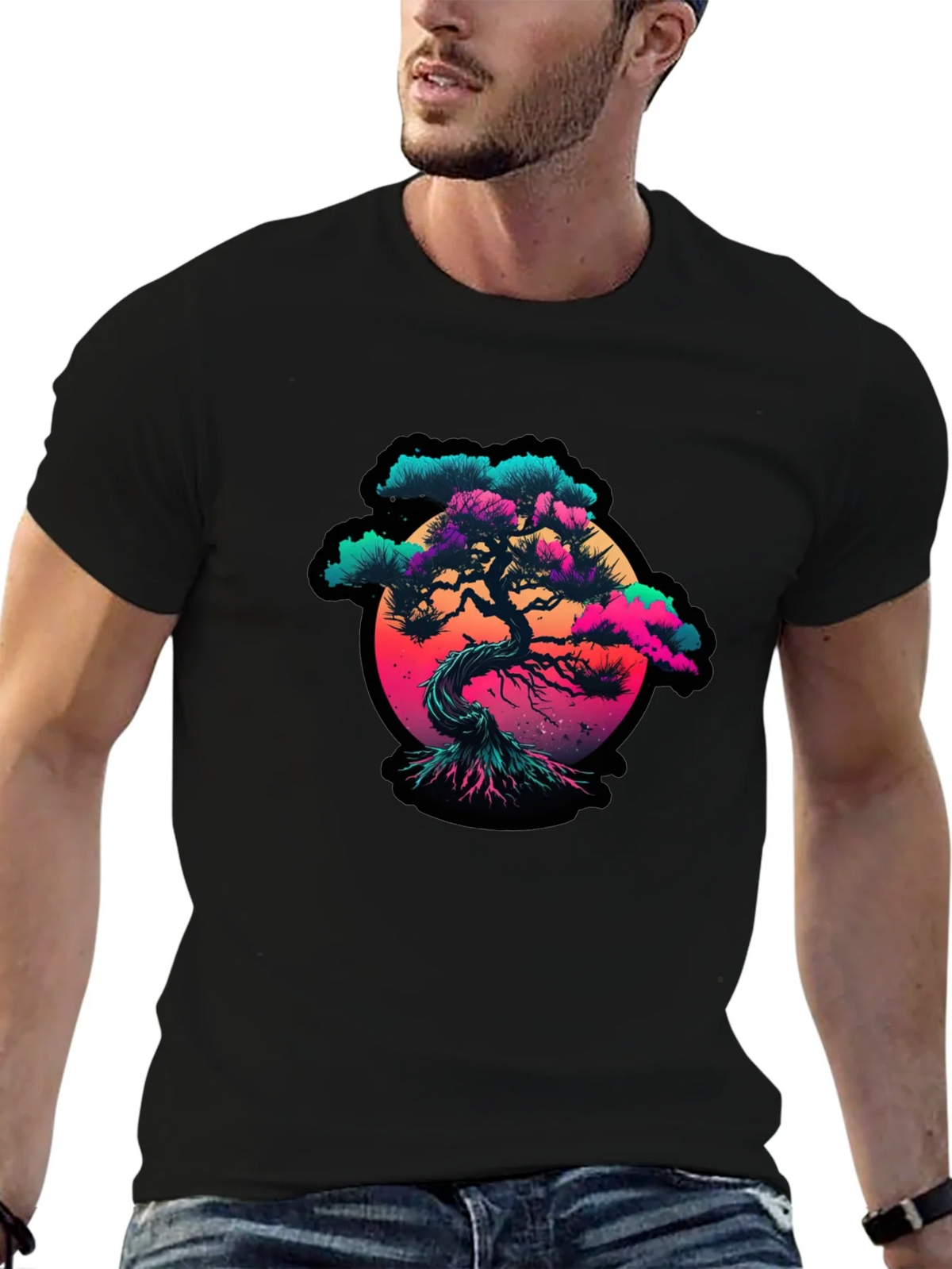Vaporwave Bonsai Tree Graphic Black T-Shirt product image 5
