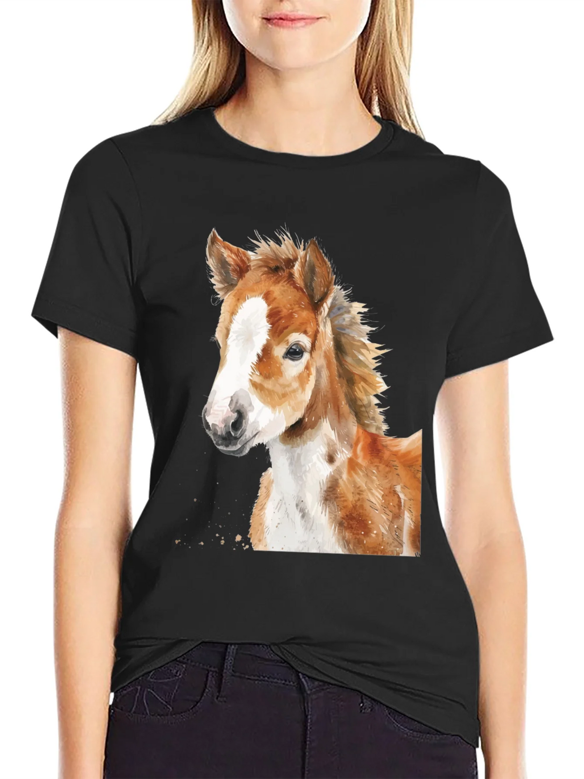 Horse Foal Watercolor Graphic Tee - Unisex Black T-Shirt product image 1