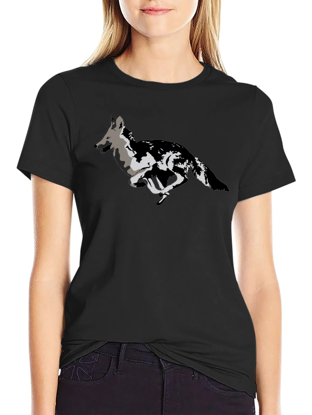 Black T-Shirt with Running Wolf Design product image 2