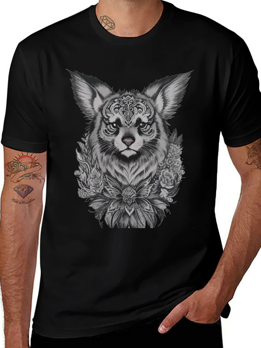 Floral Fox Graphic Tee - Black Unisex T-Shirt product image 1