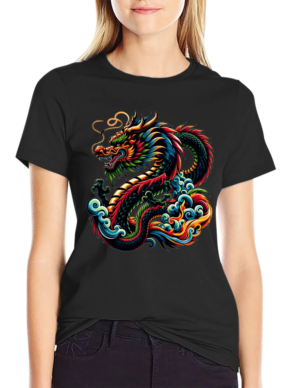 Vibrant Dragon Graphic Tee - Black Cotton T-Shirt product image 2