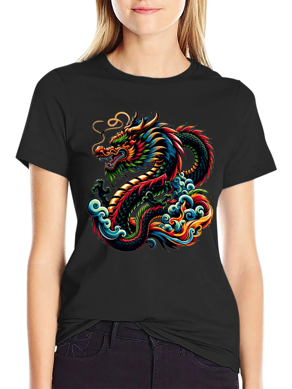 Vibrant Dragon Graphic Tee - Black Cotton T-Shirt product image 2