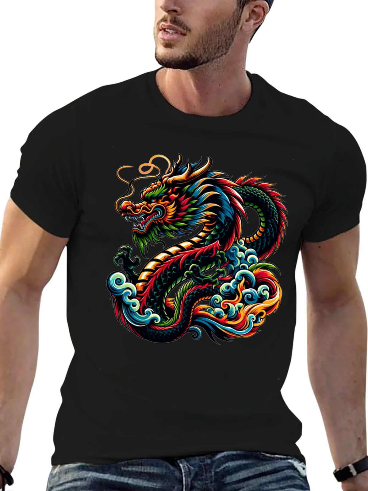 Vibrant Dragon Graphic Tee - Black Cotton T-Shirt product image 6