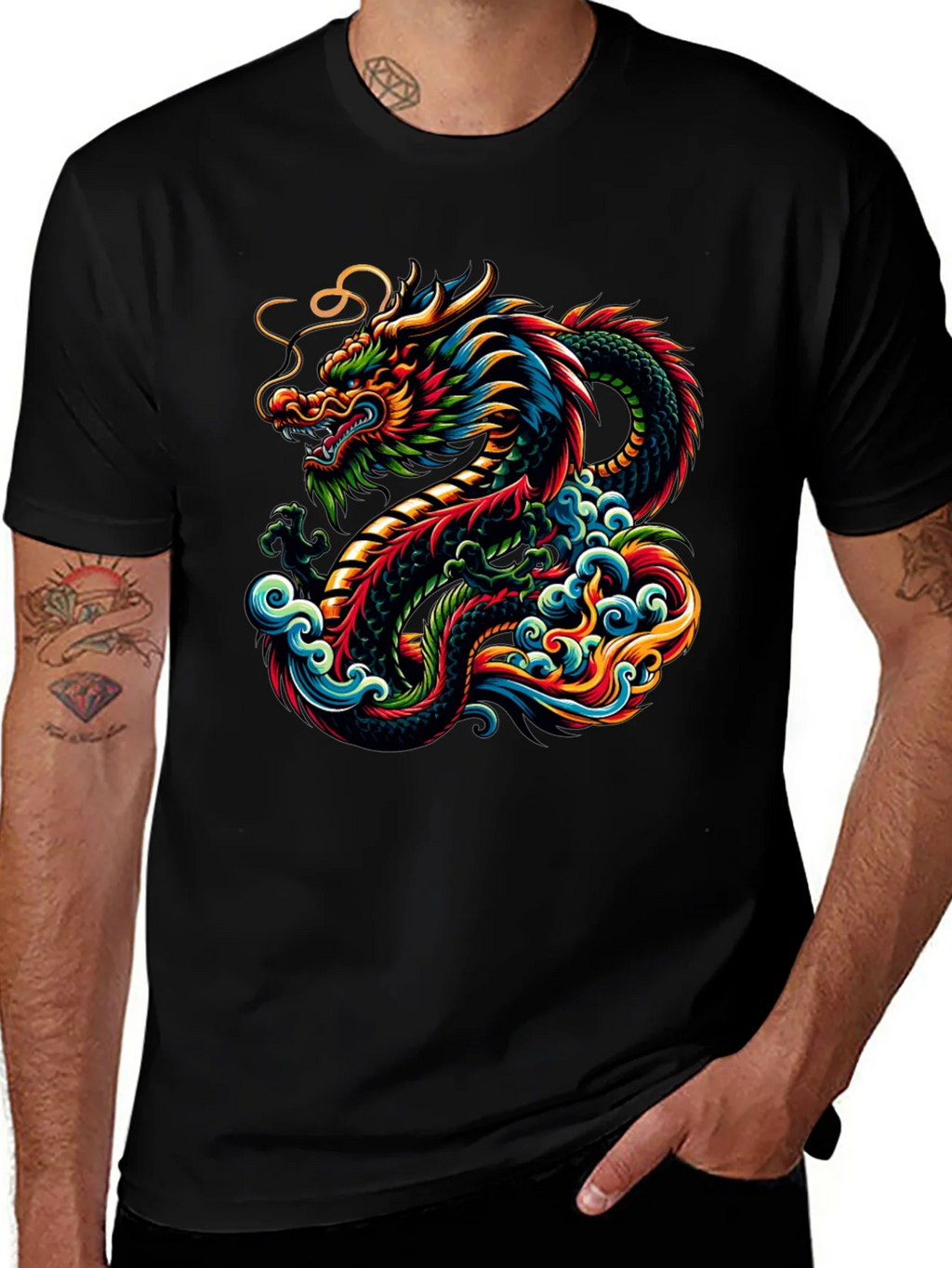 Vibrant Dragon Graphic Tee - Black Cotton T-Shirt product image 1