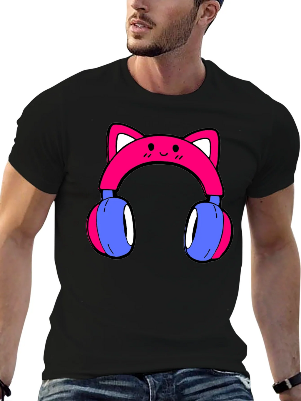 Cute Cat Ear Headphones Graphic Tee - Black product image 5