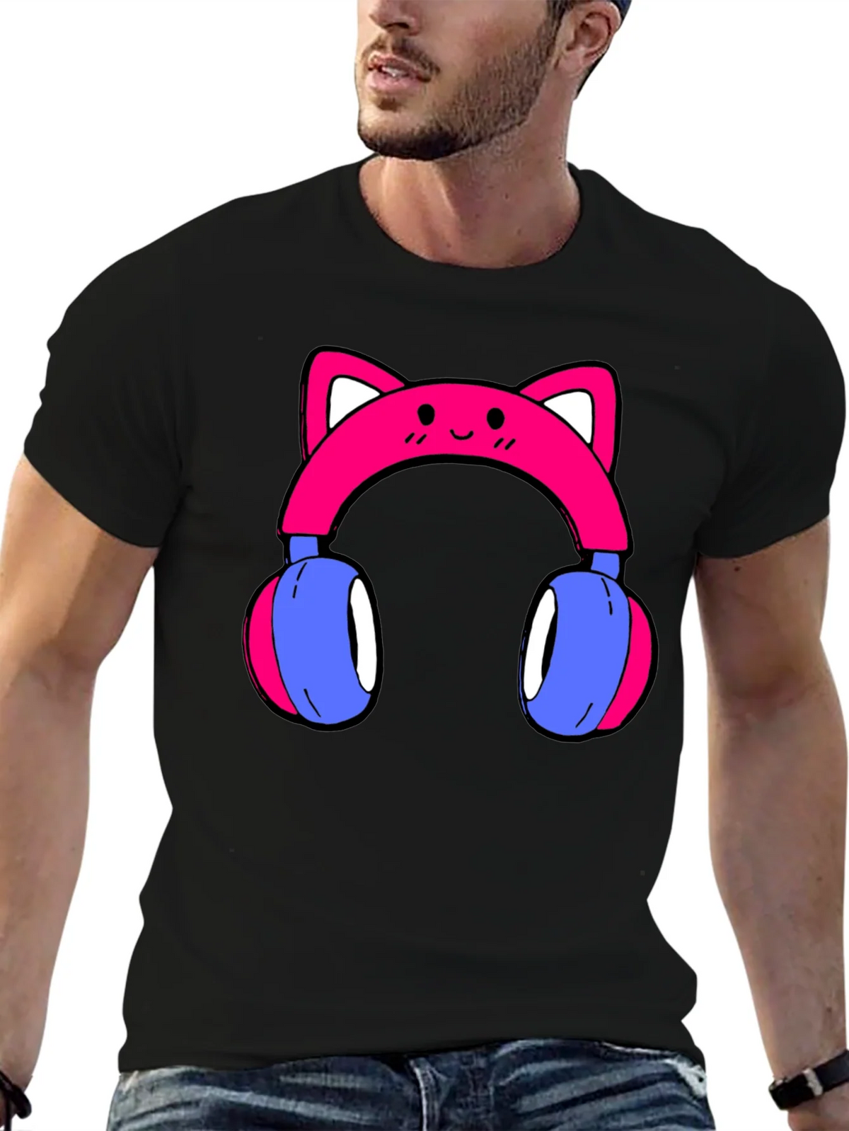 Cute Cat Ear Headphones Graphic Tee - Black product image 5