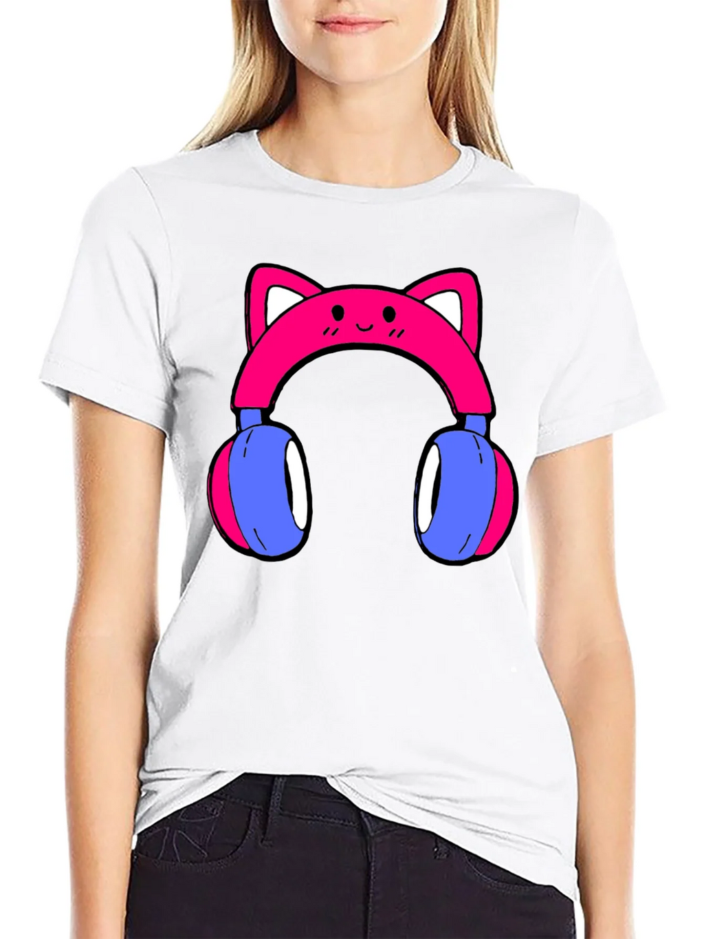 Cute Cat Ear Headphones Graphic Tee - Black product image 7