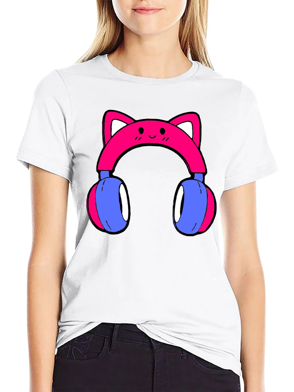 Cute Cat Ear Headphones Graphic Tee - Black product image 7