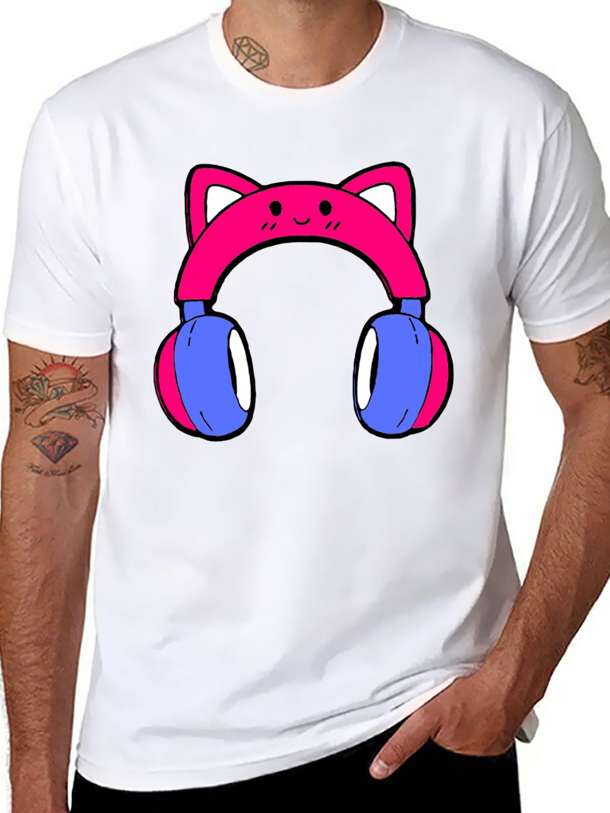 Cute Cat Ear Headphones Graphic Tee - Black product image 6