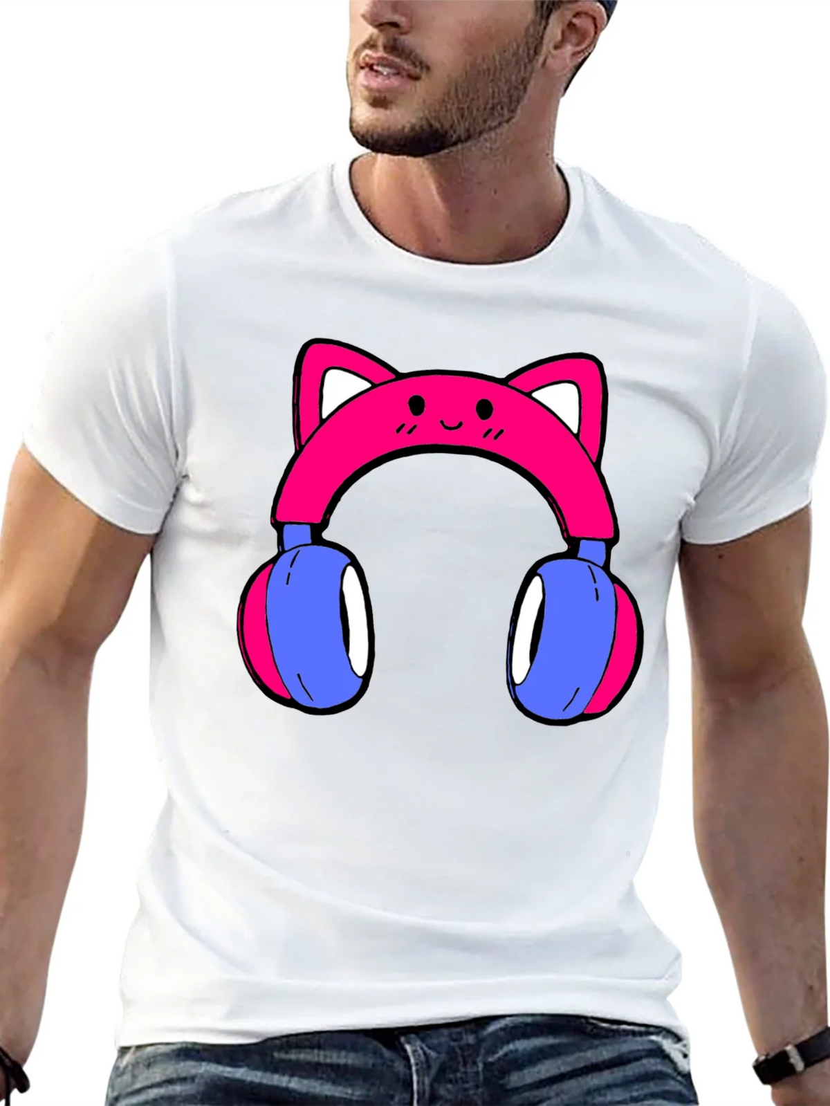 Cute Cat Ear Headphones Graphic Tee - Black product image 10