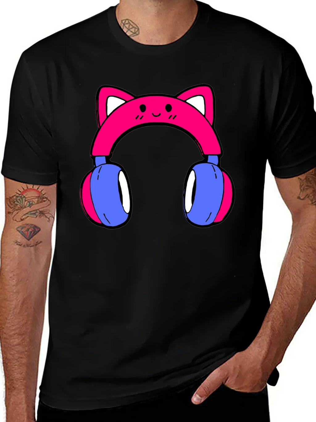 Cute Cat Ear Headphones Graphic Tee - Black product image 1